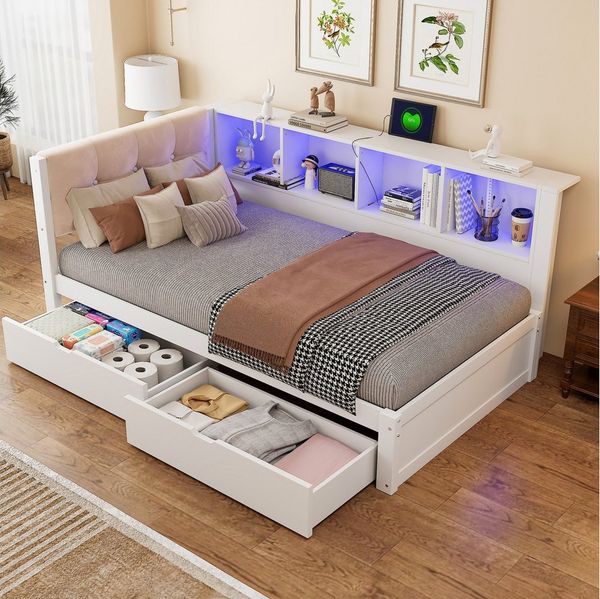 Flieks Daybett, Kinderbett 90x200 cm mit 2 Schubladen LED-Leiste USB-Aufladen