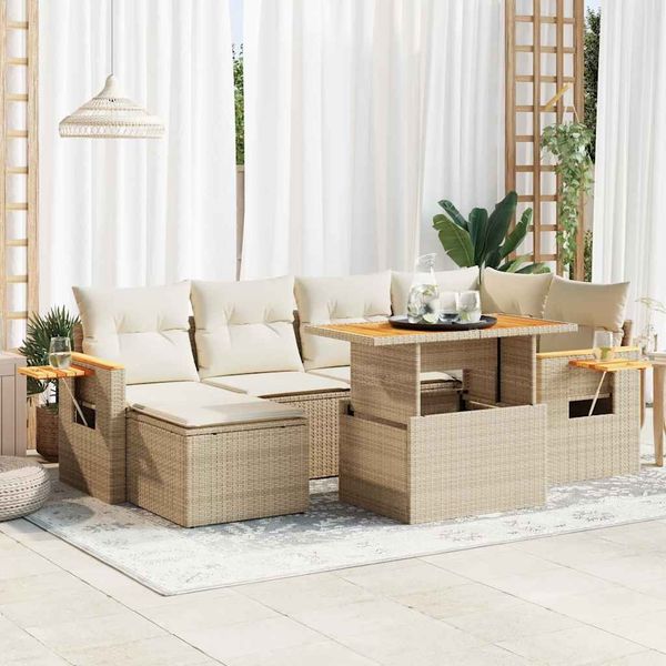 vidaXL 7-tlg. Garten-Sofagarnitur mit Kissen Beige Poly Rattan Akazie 3327621