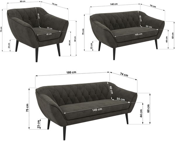 Wohnzimmerset PIRS 1-2-3, Skandinavisches Komplettset, Wellenfederung, schwarze Füße, Sitzgruppe, Möbelset - Dunkelgrau Velvet Bild 5