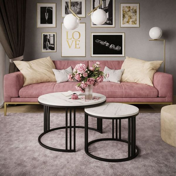 Lookway Couchtisch LORI 2in1 LEVANTO mit Marmorimitat-Platte (2er Set), Durchmesser: ⌀70 cm und ⌀50 cm