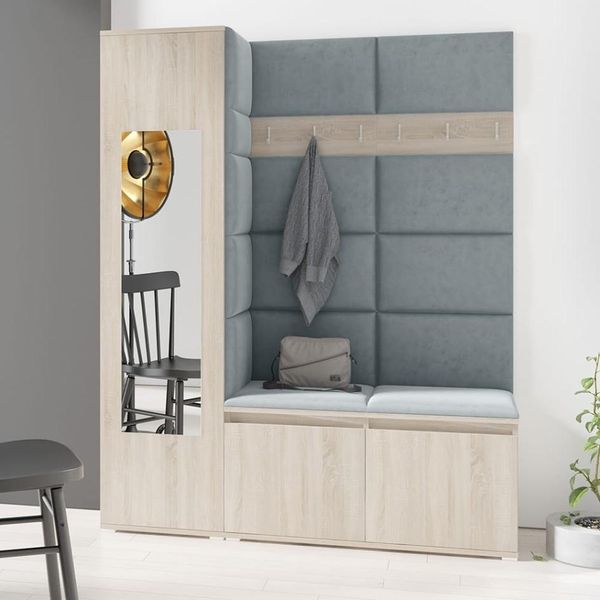 Garderoben-Set LINDA – Kleiderschrank mit Polsterplatten, Schuhschrank und Schrankaufsatz, für Flur und Eingangsbereich (Sonoma Eiche, Trinity 14), 185 x 40 x 145 cm
