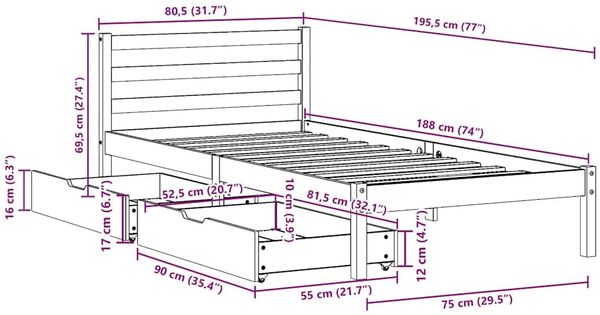vidaXL Massivholzbett ohne Matratze Wachsbraun 75x190 cm Kiefernholz 3301550 Bild 12