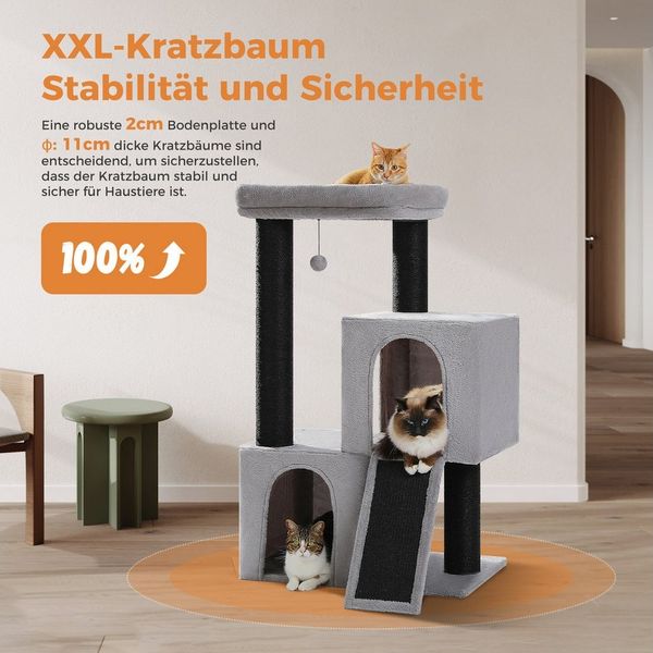 PAWZ Road Kratzbaum Kratzbaum 11cm Dicke Stämme mit extrem großen doppelten Höhle, 114cm Schwarz grau