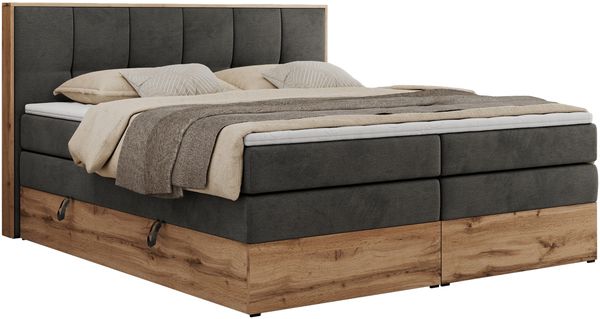 Boxspringbett, Doppelbett mit zwei 7 Härtezonen Multipocket-Matratzen, Bettkästen, Eiche Wotan Holzrahmen, Polsterbett mit Topper-Matratze - ALBERO 1 KING - 180 x 200 cm - Dunkelgrau Velours - H3 Bild 4