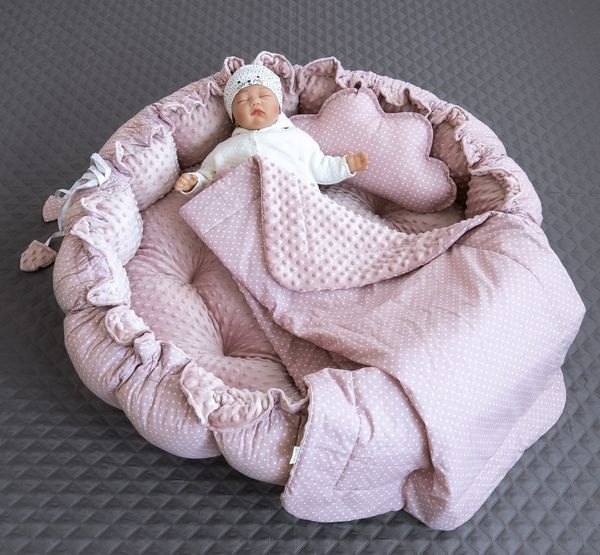 Loolay Bettnestchen PUNKTE Rosa/ MINKY ENGELSNEST Nestchen Babynest Unterlage, (PREMIUM Babyausstattung XXL Babykokon als Nestchen Ø90cm, als Krabbeldecke Ø155cm, 2-tlg, Babynestchen Krabbeldecke Reisebett ►SETS MIT KISSEN u./o. BABYDECKE), 100% Europä...