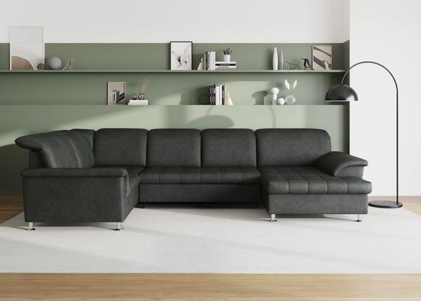 DOMO collection Wohnlandschaft Franzi optional mit Bettfunktion, Bettkasten & Kopfteilverstellung, U-Form, Recamiere rechts, grau, B/T: 352/214 cm