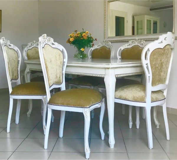 Casa Padrino Luxus Barock Esszimmer Set Gold / Weiß - 1 Barock Esstisch & 6 Barock Stühle