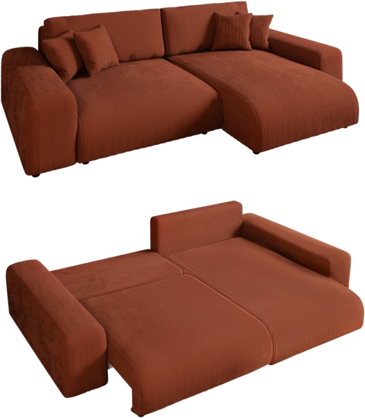 Ecksofa Schlaffunktion ausziehbar Bettkasten Polsterecke L-Couch Cord Terracotta