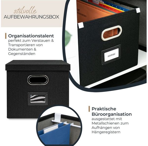 HMF Aufbewahrungsbox Aufbewahrungsbox mit Deckel für DIN A4 Hängeregister, Regalbox passend für Kallax, 33 x 37,5 x 28 cm, Schwarz