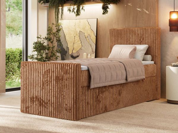 Bett mit Matratze, Boxspringbhett TILIANO DUO 90, Einzelbett 90 x 200 cm, Multipocket-Matratze 7-Zonen-Taschenfederkern - Orange Cordstoff - H3 - Rechts - Topper Visco