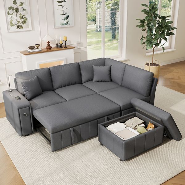 Merax L‑förmiges ausziehbares Ecksofa mit Schlaffunktion, Stauraum‑Hocker, klappbarem Couchtisch, USB‑ und Type‑C‑Anschluss, Leselicht und 2 Kissen, Grau