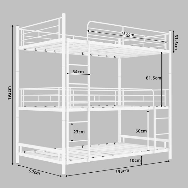 Schweres Dreifach-Rahmenbett 90*190cm,mit eingebauter Leiter,durchgehendem Geländer, bodensicher für Kinder/Jugendliche/Erwachsene, Schlafzimmer, keine Federn erforderlich, einfach zu montieren, Bild 3