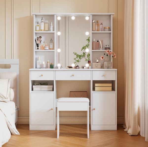 Großer Schminktisch mit LED-Spiegel & Hocker 110x40x151 cm, Weiß, mit Schubladen & Türen