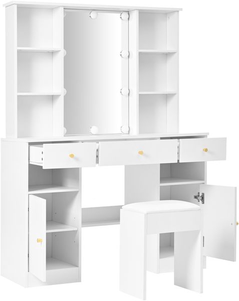 Großer Schminktisch mit LED-Spiegel & Hocker 110x40x151 cm, Weiß, mit Schubladen & Türen Bild 7