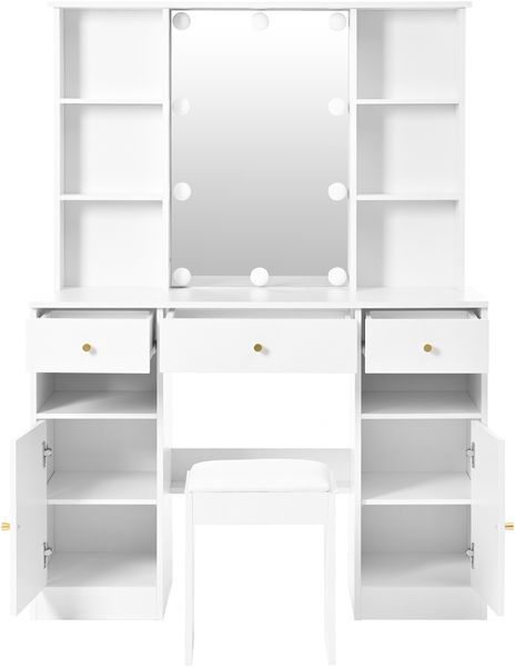 Großer Schminktisch mit LED-Spiegel & Hocker 110x40x151 cm, Weiß, mit Schubladen & Türen Bild 6