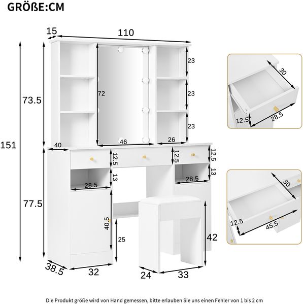 Großer Schminktisch mit LED-Spiegel & Hocker 110x40x151 cm, Weiß, mit Schubladen & Türen Bild 10