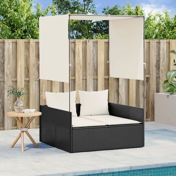 vidaXL Doppel-Sonnenliege mit Dach und Vorhängen Schwarz Poly-Rattan 4002755