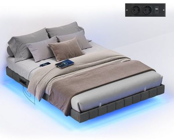 VASAGLE Bettrahmen 140 x 200 cm, mit LED-Beleuchtung, Bettgestell, schwebender Effekt, Steckdosenleiste, grau