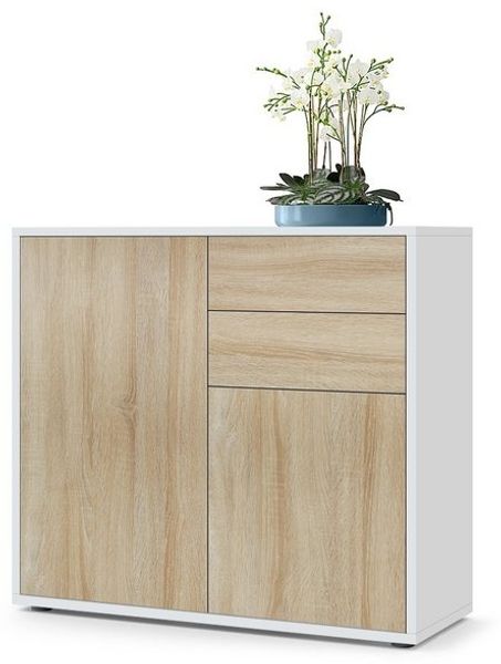 Vladon Sideboard Ben, Kommode mit 2 Türen und 2 Schubladen, Weiß matt/Eiche Sägegrau (79 x 74 x 36 cm) Bild 4