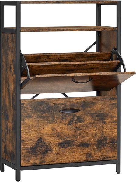 Vasagle Schuhschrank mit 2 Klappen, Holzspanplatte Vintagebraun/Schwarz, 60 x 30 x 95 cm