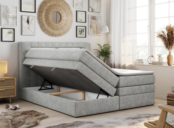 Boxspringbett mit LED Kopfteil und Topper - GOLD-5-KING - 160x200cm - Hellgrau Stoff - H4 Bild 2