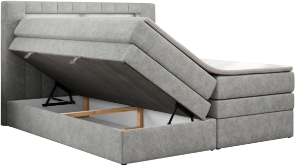 Boxspringbett mit LED Kopfteil und Topper - GOLD-5-KING - 160x200cm - Hellgrau Stoff - H4 Bild 4