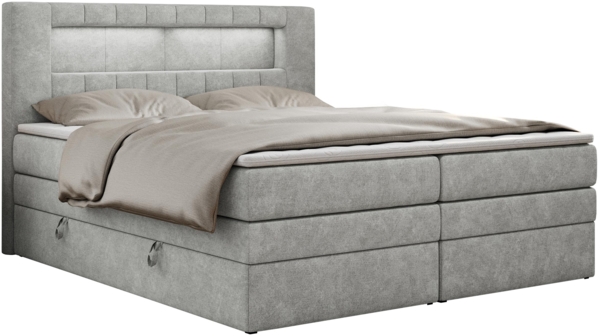 Boxspringbett mit LED Kopfteil und Topper - GOLD-5-KING - 160x200cm - Hellgrau Stoff - H4 Bild 3