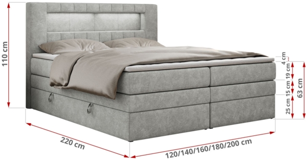 Boxspringbett mit LED Kopfteil und Topper - GOLD-5-KING - 160x200cm - Hellgrau Stoff - H4 Bild 5