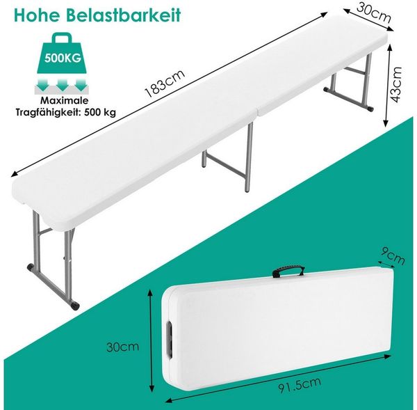 TLGREEN Gartenbank 2pcs Bierbank Klappbar 181cm, Campingbank Faltbar mit Tragegriff (Bierzeltbank bis 500kg Belastbarkeit, Gartenbank aus HDPE & Stahlgestell), Wetterfeste Partybank für Grill/Camping/Garten