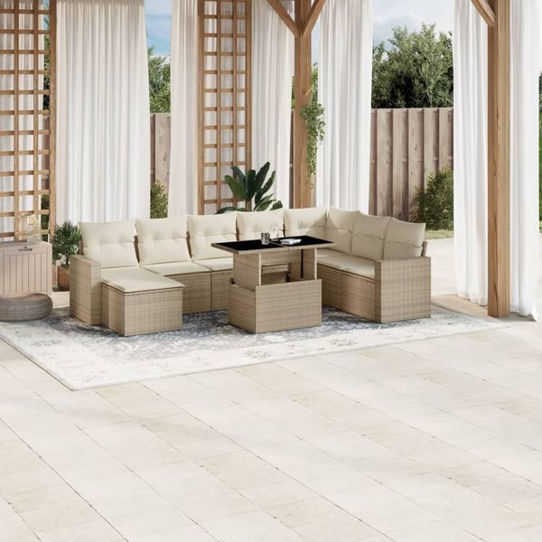 vidaXL 9-tlg. Garten-Sofagarnitur mit Kissen Beige Poly Rattan 3267468