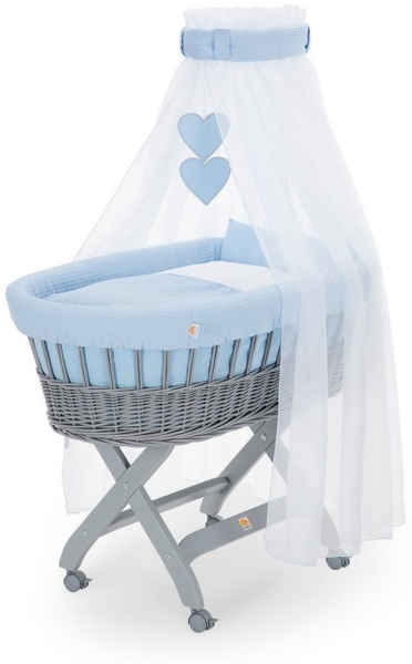 FabiMax Stubenwagen Grau lackiert, 2 in 1 Musselin / Waffelpiqué Komplettset Blau mit Decke und Kissen