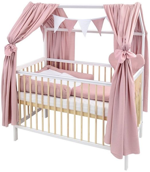 Baby-Delux Komplettbett Hausbett Babybett Komplettset Waffelpique Musselin, 12-tlg, Kinderbett 60x120 cm weiß Natur, Bettset verschiedene Designs
