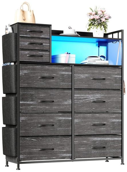 GarveeMore Kommode Highboard Kombikommode Schubkastenkommode mit 8+3 Stoffschubladen (1 St), Hochkommode mit 4 Seitenfächer, USB-Anschluss, LED, Haken und Regale