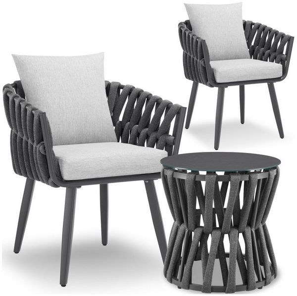 tectake Gartenlounge-Set Aluminium Sitzgruppe, höhenverstellbar, mit Sicherheitsglasplatte, (Set, 3-tlg, im Rope-Design in anthrazit/grau), Extra dicke Sitzpolster und komfortable Rückenkissen