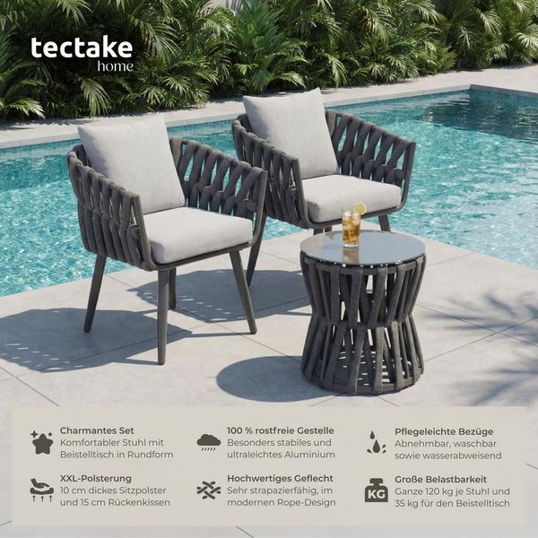tectake Gartenlounge-Set Aluminium Sitzgruppe, höhenverstellbar, mit Sicherheitsglasplatte, (Set, 3-tlg, im Rope-Design in anthrazit/grau), Extra dicke Sitzpolster und komfortable Rückenkissen