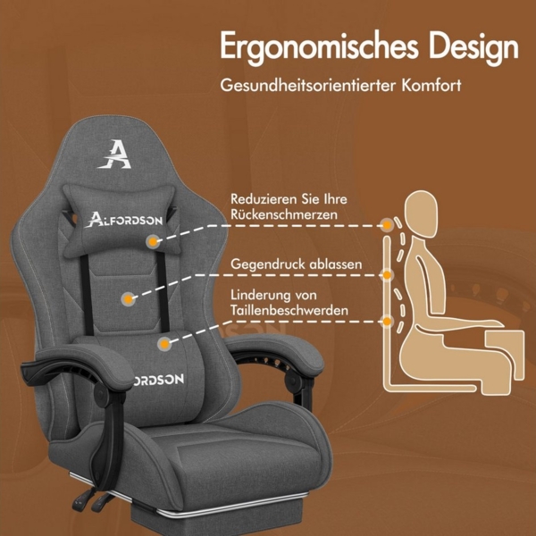 ALFORDSON Bürostuhl Gaming-Stuhl, Massage-Gaming-Stuhl, Ergonomischer Gamer-Stuhl, mit Fußstütze, Kopfstütze, Massage-Lendenkissen, Gepolstert, Grau Bild 2