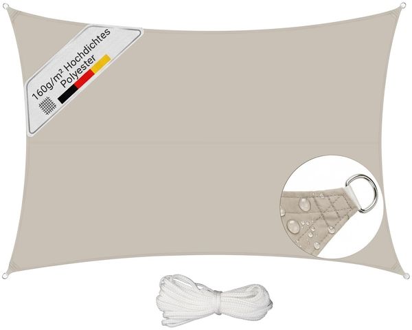 Sunula Sonnensegel Wasserdicht 3x5 m Rechteckig – hochdichtes PES 160g/m², mit umlaufendem Gurtband & Edelstahl-Ringen, Nahtversiegelung & bis zu 95% UV-Schutz, für Balkon Terrasse Garten, Taupe
