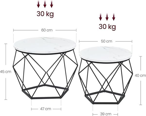 Vasagle Couchtisch rund, 2er Set mit abnehmbarer Tischplatte, marmorweiß-tintenschwarz, 60 x 60 x 45 cm Bild 3