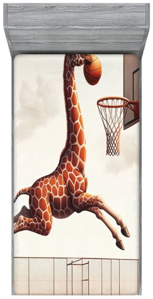 Abakuhaus Spannbettlaken Soft Dekorativer Stoff Bettwäsche Rund-um Elastischer Gummizug, Basketball Humorvolle Lustige Giraffe beim Dunking
