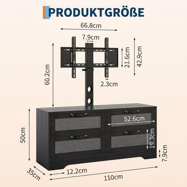 GarveeMore TV-Schrank mit 4 Rattan Schubladen & TV-Wandhalterung für bis zu 70 Zoll Holz TV Möbel Entertainment Center für Wohnzimmer & Schlafzimmer Bild 2