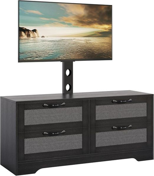 GarveeMore TV-Schrank mit 4 Rattan Schubladen & TV-Wandhalterung für bis zu 70 Zoll Holz TV Möbel Entertainment Center für Wohnzimmer & Schlafzimmer