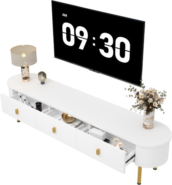 TV-Schrank 174 x 35 x 41 cm aus MDF, weiß lackiert mit 3 Schubladen & goldfarbenen Beinen Bild 6