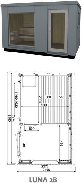 Infraworld Luna 2 Außensauna mit HPL-Platten Anthrazit versch. Fenstergrößen und Inneneinrichtung Luna 2B - Panorama-Fenster (BxH): 1440x1620 mm, Türe versetzt, 2 Liegen