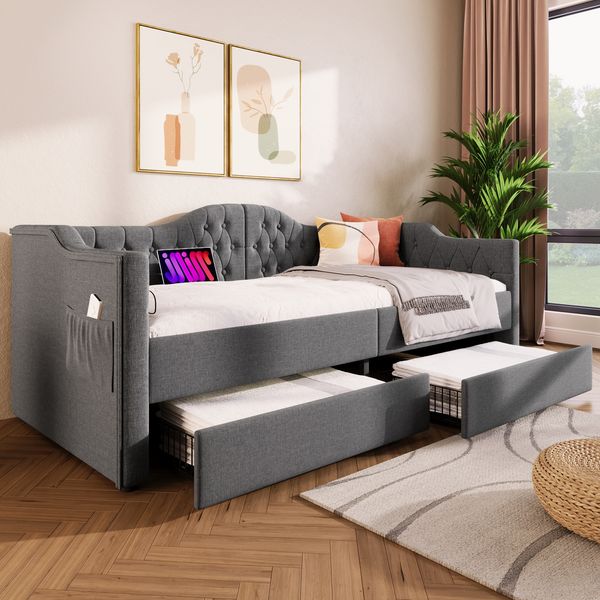 Tagesbett Leinen mit USB-Anschluss, 2 Schubladen, 90x190 cm, Grau, ohne Matratze
