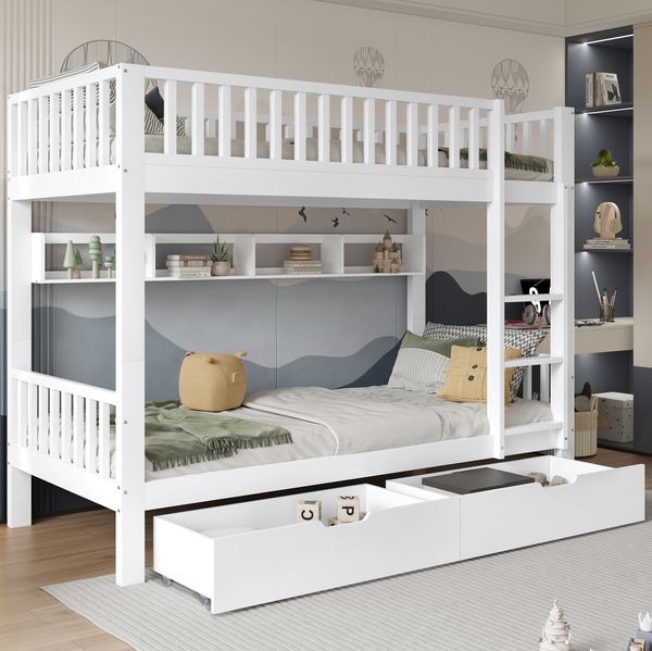Etagenbett 90x200 cm mit Schubladen und Regalen – Kinderbett aus Kiefernholz und MDF in Weiß