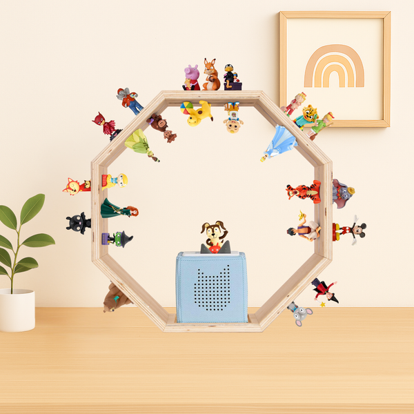 Todeco Tonie-Regal für Toniebox Hörfiguren, Magnetische Aufbewahrung für 60-70 Tonie, Wandregal und Schreibtischregal, Kinderregal für Mädchen & Jungen, Achteck