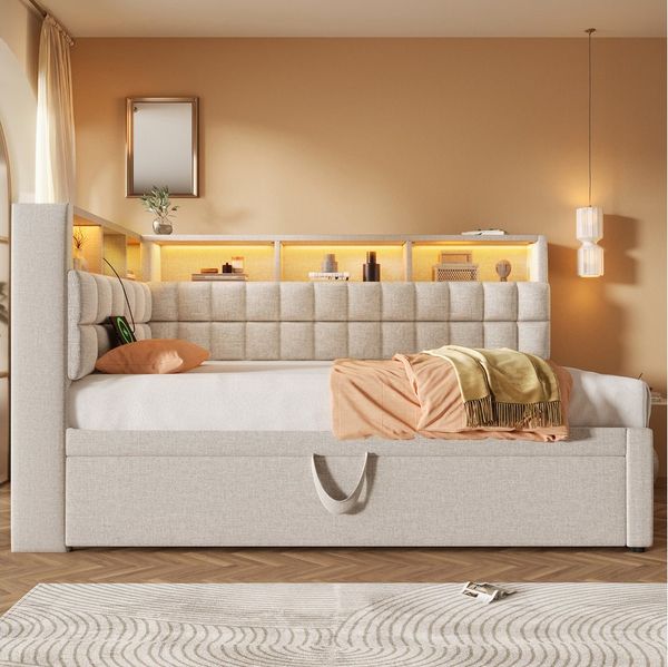 STILVORA Polsterbett 90/180x200 Schlafsofa mit bettfunktion Tagesbett ausziehbar L-Kopfteil (Funktionsbett, 1-tlg, L-Kopfteil mit Stauraumregal, Schlafsofa/Gästebett), mit LED-Beleuchtung & USB/Type-C Ladestation
