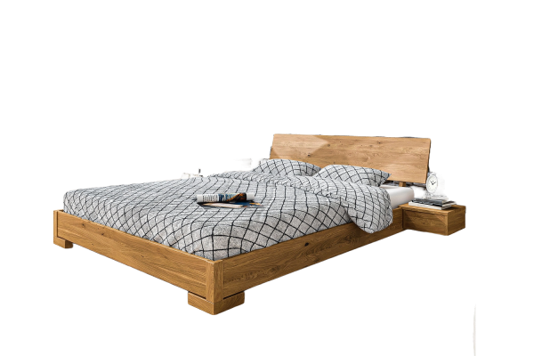 Bett Bento 3 Sonderlänge 90x220 Wildeiche massiv mit Holzkopfteil und Holzbeine