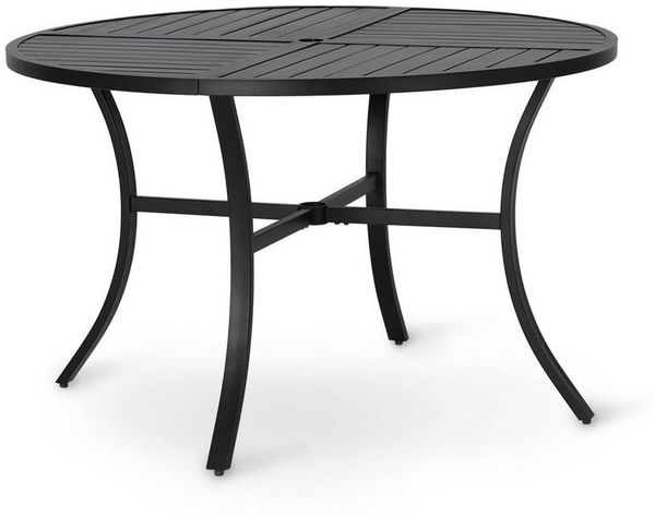 PHI VILLA Gartentisch (für Veranda Balkon Garten, Im Freien Essen Schwarze E-Beschichtung Außen für 4), Patio Tisch Rund Metall mit Schirm Loch