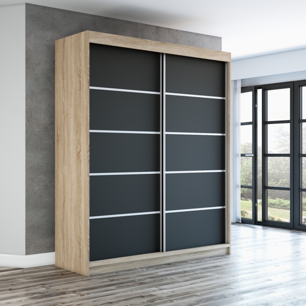 Schwebetürenschrank TREND 2-türig Schrank 180 cm (mit Spiegel) Farbe: Sonoma , schwarz